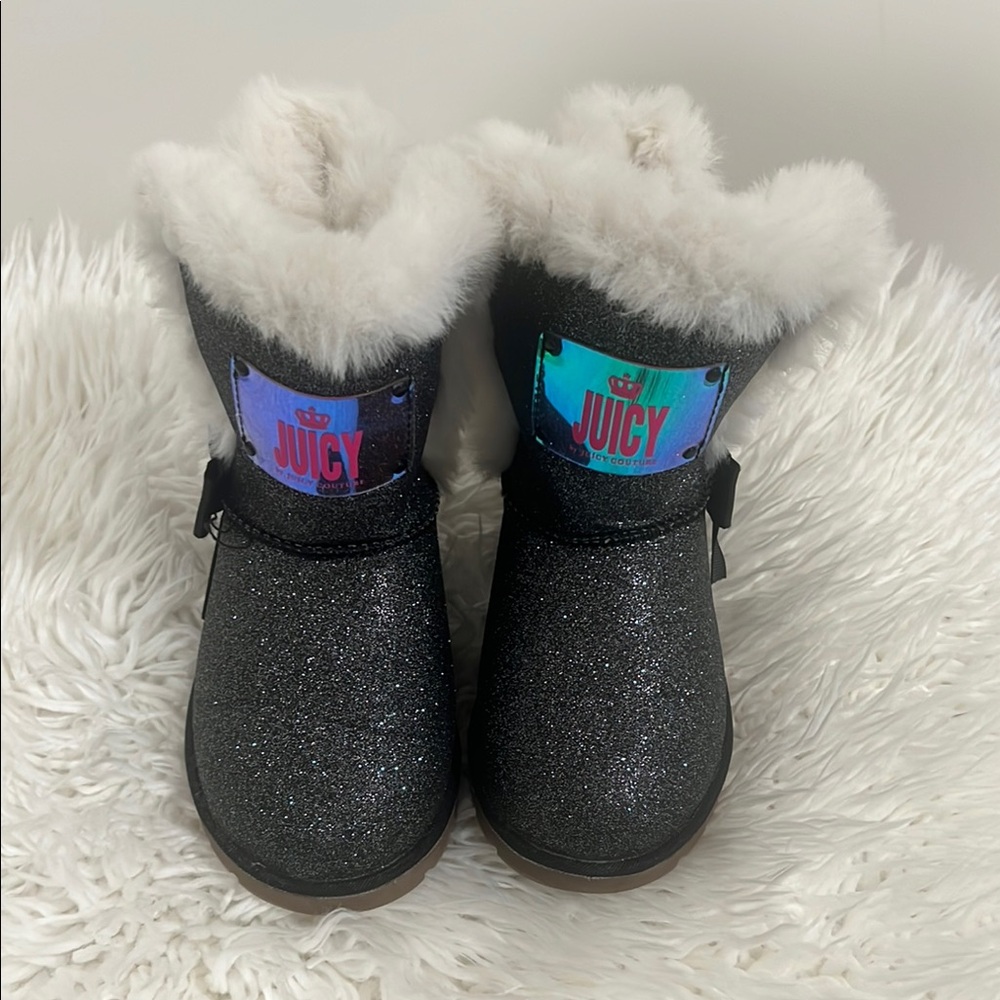 Juicy Couture Sparkling Black Boots with Soft White Fur